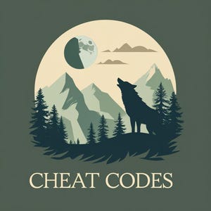 May include: A dark teal graphic featuring a howling wolf silhouette against a backdrop of mountains, trees, and a moon. The text "CHEAT CODES" is displayed at the bottom in a white font. The design is set within a circular frame.