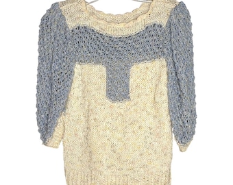Rivian Lande Vintage Knit Sweater Cream Blue Open Knit Puff Sleeve Women XS