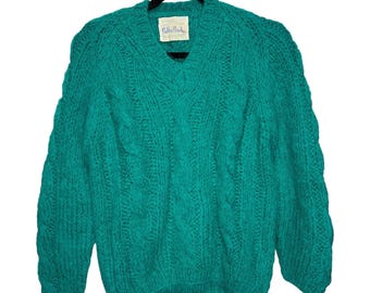 Bobbie Brooks Vintage Hand Knit Mohair Wool Cable Knit Sweater Teal Italy