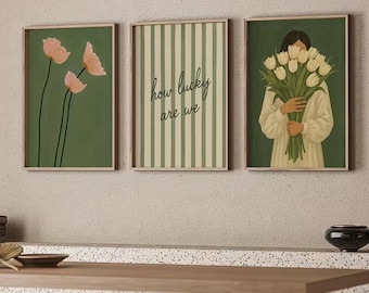 Romantische Liebe Zitate Poster - Vintage grün gestreifte minimalistische Blumen Boho - Matte Print Poster