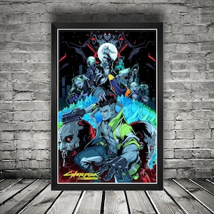 K&ouml;nnte beinhalten: Gerahmtes Poster mit einer futuristischen Illustration im Cyberpunk-Stil. Das Kunstwerk zeigt mehrere Charaktere in einer futuristischen Umgebung, mit einer Farbpalette aus Blau, Gr&uuml;n, Rot und Schwarz. Der Postertext lautet "Cyberpunk".