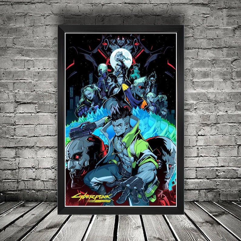 K&ouml;nnte beinhalten: Gerahmtes Poster mit einer futuristischen Illustration im Cyberpunk-Stil. Das Kunstwerk zeigt mehrere Charaktere in einer futuristischen Umgebung, mit einer Farbpalette aus Blau, Gr&uuml;n, Rot und Schwarz. Der Postertext lautet "Cyberpunk".