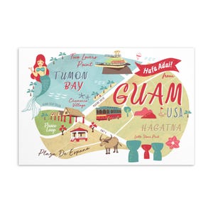 May include: A colorful illustrated map of Guam, USA, featuring Tumon Bay, Hagatna, and other landmarks. The map includes a mermaid, a red bus, and the text "Hafa Adai!" in a banner. The map is a travel-themed design.