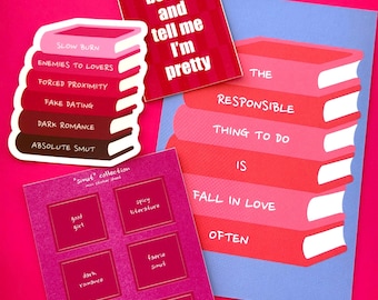 May include: A collection of stationery items including a sticker sheet with a stack of books, a rectangular card with the text 'buy me books and tell me I'm pretty', a sticker sheet with six square labels, and a print featuring a stack of books.