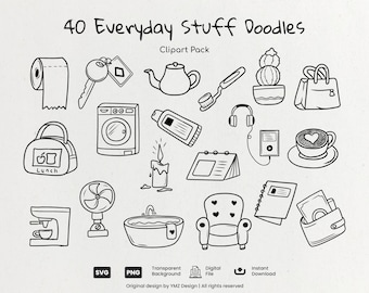 Paquete de imágenes prediseñadas de doodle de objetos cotidianos / Conjunto de 40 elementos dibujados a mano SVG PNG