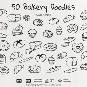 May include: A collection of 50 black and white bakery doodles, such as croissants, bread, and cupcakes. The image is labelled "50 Bakery Doodles Clipart Pack". Includes SVG, PNG, and digital file options. The design is by YMZ Design.