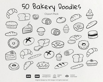 50 Bakery Doodles Clipart SVG PNG | Hand Drawn Bread Pastry Dessert Illustrations
