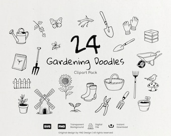 Gardening Doodles Clipart Pack - SVG PNG Hand Drawn Craft Graphics Digital Download