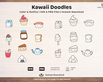 Puede incluir: Un gráfico de descarga digital con varios garabatos de comida Kawaii, que incluyen una magdalena, sushi, un cartón de leche, helado y una tetera. El texto "Kawaii Doodles" está en la parte superior, con "Color & Outline | SVG & PNG Files | Instant Download" debajo.