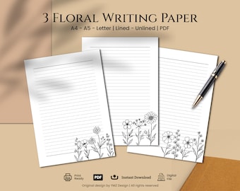 Ensemble de papier à lettres floral - Papeterie imprimable, avec et sans doublure (PDF)