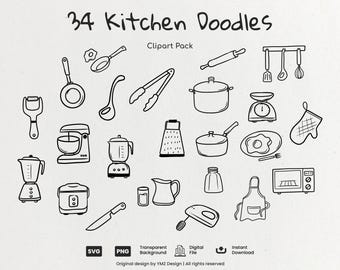 Può includere: Disegni a tratto in bianco e nero di 34 doodle da cucina, tra cui un frullatore, una pentola, un mattarello e altro ancora. Il testo recita "34 Kitchen Doodles Clipart Pack". Include opzioni SVG, PNG e file digitale.
