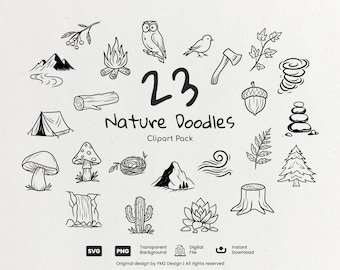 Paquete de imágenes prediseñadas de garabatos de naturaleza - Descarga digital SVG y PNG para camping al aire libre (uso comercial)