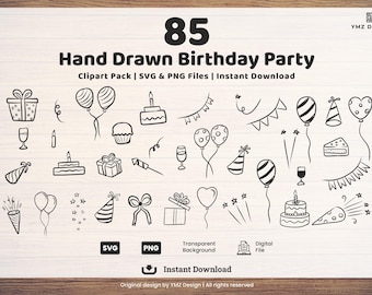 May include: A digital download graphic pack with 85 hand-drawn birthday party clip art elements. Includes balloons, cake, gifts, and party hats. The text reads "85 Hand Drawn Birthday Party" and "Instant Download". The images are in SVG and PNG file formats.