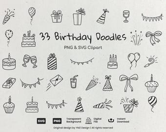 May include: Black and white doodle illustrations of birthday-themed objects, including cakes, balloons, gifts, party hats, and confetti. The text "33 Birthday Doodles" is displayed above the images. The image also includes the text "PNG & SVG Clipart".
