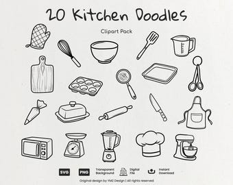 Può includere: Disegni a tratto nero e bianco di 20 elementi a tema cucina, tra cui una frusta, una ciotola, un tagliere, un guanto da forno e altro. Il testo "20 Kitchen Doodles Clipart Pack" è in alto.