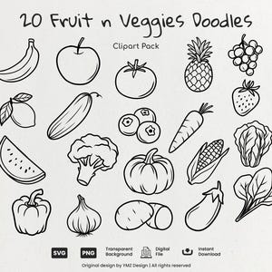 Puede incluir: Ilustración en blanco y negro de 20 frutas y verduras, incluyendo un plátano, manzana, tomate, piña, uvas, fresa, limón, pepino, arándanos, zanahoria, maíz, lechuga, sandía, brócoli, calabaza, cebolla, patatas, berenjena y espinacas. Texto: "20 Fruit n Veggies Doodles Clipart Pack."