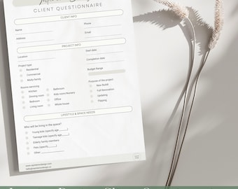 May include: A white Interior Design Client Questionnaire with sections for client info, project details, and lifestyle needs. The document includes fields for name, address, project type, and budget range. The text "Interior Design Client Questionnaire" is at the top and bottom.