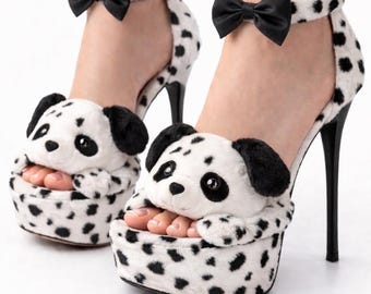 Dalmatian Platform Stiletto Heels, Faux Fur Bow Ankle Strap Shoes
