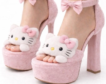 Pink Hello Kitty Inspired Plush Platform Heels – Chunky Block Heel Kawaii Statement Shoes – Cute Bow Ankle Strap Open Toe Heels – Harajuku