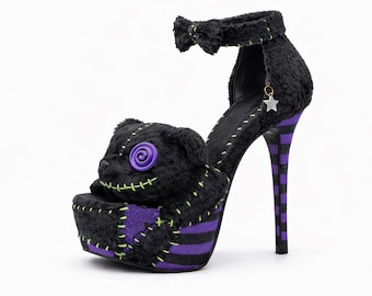 Sandalias de plataforma estilo osito de peluche gótico / Sandalias de tacón de aguja de felpa / Zapatos de moda alternativa "espeluznantemente lindos" / Estilo Harajuku Kawaii gótico / Zapatos de plataforma llamativos