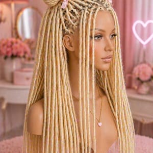 May include: A blonde wig with dreadlocks styled with two buns, each adorned with a pink bow. The wig is on a mannequin head, with a gold necklace featuring a pink heart pendant. The background is a pink-themed room.