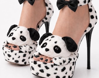 Dalmatiner Plateau Stiletto Heels, Kunstpelz Schleife Riemchen Schuhe