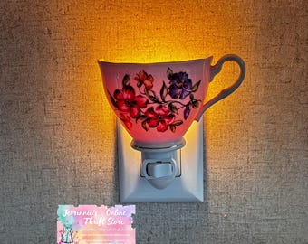 Vintage Floral Teacup Night Light Hand Painted Ceramic Gold Rim Cottagecore