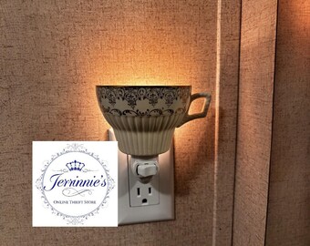 Vintage Cream & Black Damask Teacup Night Light Plug In