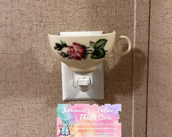 Vintage Floral Teacup Night Light Pink Rose Ceramic Shabby Chic Plug In Lamp