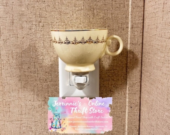 Vintage Teacup Night Light Gold Filigree Cream Cottagecore Decor