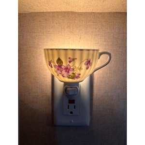 Handcrafted Vintage Teacup Night Light Purple Floral Violets Porcelain Plug-In