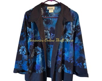 EN FOCUS STUDIO Women's Blue Floral Paisley Open Front Blazer Jacket Size 18