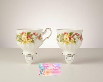 Vintage Floral Porcelain Teacup Night Light Set Cottagecore Decor 2pc