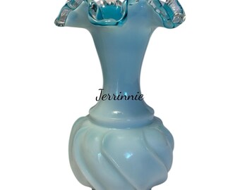 Fenton Jamestown Glass Opalescent White Vase Blue Ruffled Rim
