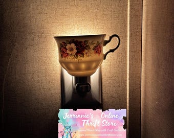 Vintage Floral Teacup Night Light Set Ceramic Rose Plug In Wall Decor 2pc