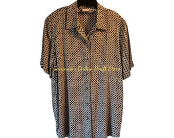 Lucia Lukken Womens Shirt Size L Geometric Print Button Up Short Sleeve Rayon