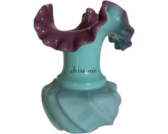 Fenton Art Glass Cased Glass Vace With Lilac And Turquoise