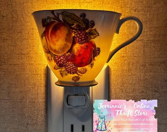 Vintage Style Porcelain Teacup Night Light Fruit Motif Peach Blackberry Gold Rim