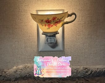 Vintage Floral Teacup Night Light Pink Cherry Blossom Upcycled Ceramic Plug-In