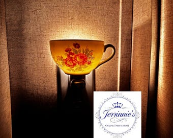 Vintage Floral Teacup Night Light Upcycled Ceramic Tea Cup Plug In Wall Lamp