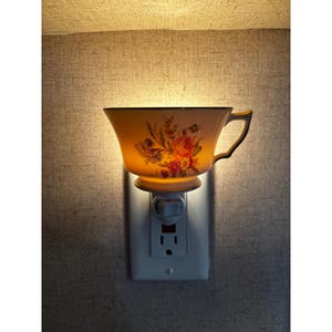 May include: A plug-in wall light featuring a cream-colored porcelain teacup with a floral pattern of pink, red, and yellow roses. The teacup is mounted onto a white electrical outlet fixture, emitting a warm, soft glow from within.