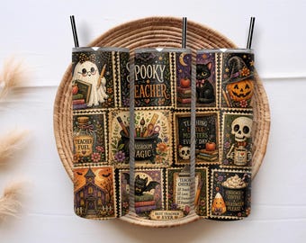 Spooky Teacher 20oz Skinny Tumbler Wrap PNG, Halloween Classroom Ghost Pumpkin Sublimation, Vintage Teacher Digital Download