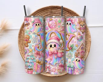 Pastel Christmas Ghost Tumbler Wrap PNG, JOY Coquette 20oz Skinny Sublimation Design, Cute Holiday Ghost Digital Download