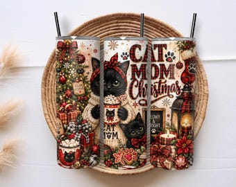 Christmas Cat Mom 20oz Skinny Tumbler Wrap PNG, Black Cat Christmas Sublimation, Meowy Holiday Digital Download