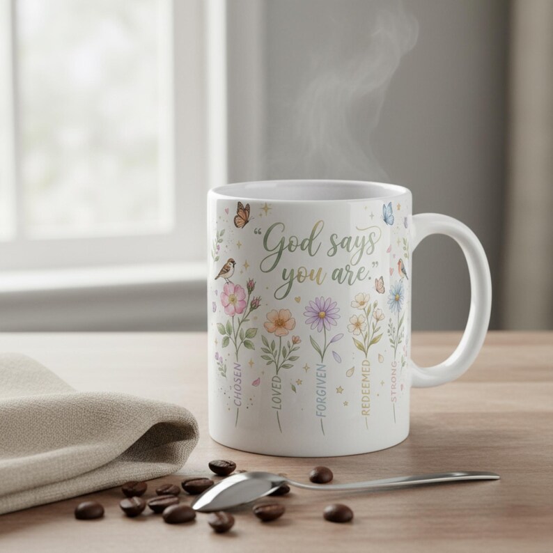 May include: White ceramic mug with the text "God says you are." The mug features floral and butterfly illustrations in pastel colors. The words "Chosen, Loved, Forgiven, Redeemed, Strong" are also printed on the mug.