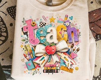 Retro Teacher Teach Shirt Design, Colorful Patchwork Teacher PNG, Trendy School Sublimation Graphic