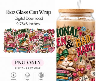 Puede incluir: Un vaso de cristal de 16oz con tapa de bambú y pajita, con un diseño gráfico colorido que incluye el texto FICTIONAL MEN & BAD HABITS, gatos ilustrados, libros, tazas de café y corazones. El diseño mide 24,76x12,7 cm para descarga digital.