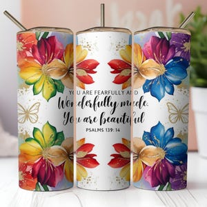 Floral Christian Tumbler Wrap, Psalms 139:14 Bible Verse Design, 20oz Skinny Sublimation PNG, Faith Gift for Women
