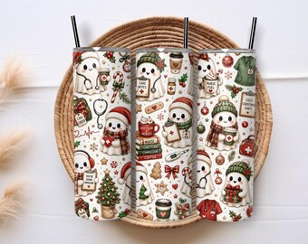 Christmas Nurse 20oz Skinny Tumbler Wrap PNG, Cute Nurse Ghost Sublimation, RN Holiday Medical Digital Download