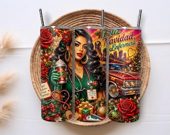 Feliz Navidad Enfermera 20oz Skinny Tumbler Wrap PNG, Spanish Nurse Christmas Sublimation, Latina RN Holiday Digital Download